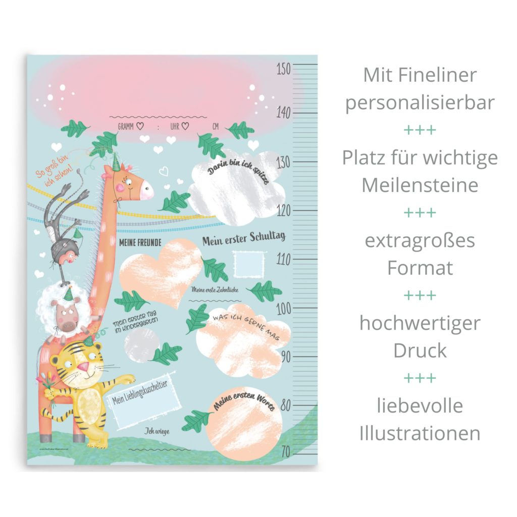Messlatte, um das Wachstum eines Kindes festzuhalten. Personalisieren Sie die Messlatte mit Namen und Geburtsdaten des Kindes